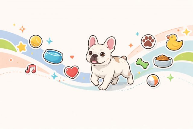 French Bulldog Wide Sticker Scene with Flowing Icons Wallpaper