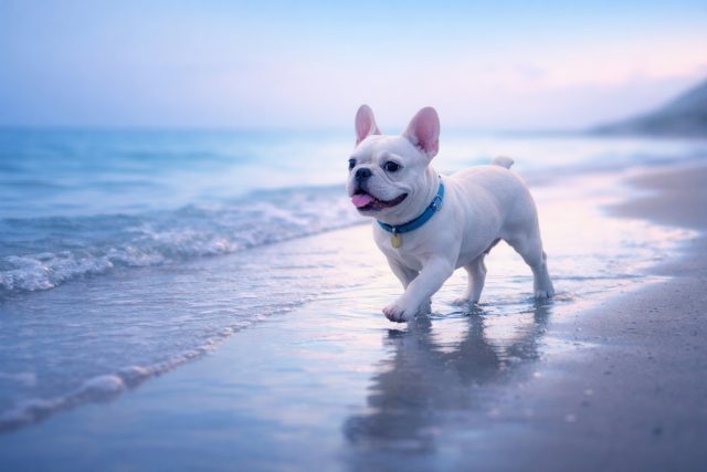 French Bulldog Walking on Beach Reflection Soft Light Wallpaper
