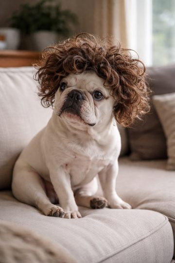 French Bulldog with Curly Wig Sitting on Couch Cozy Wallpaper