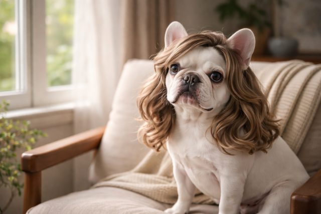 French Bulldog with Long Wavy Wig in Soft Home Light Wallpaper