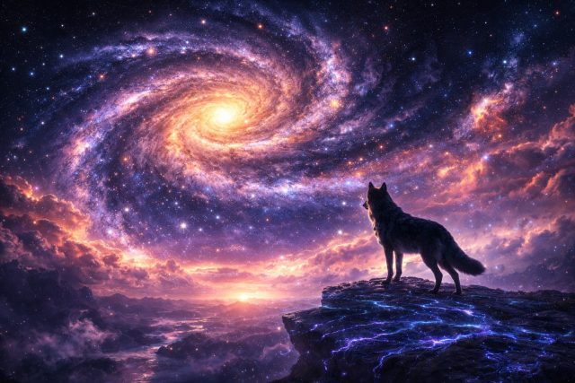 Wolf Standing Under a Vast Galactic Sky Wallpaper