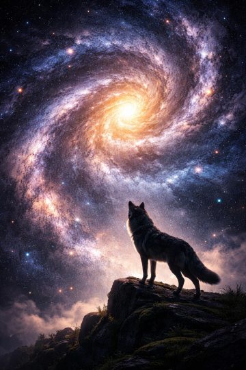 Wolf Watching a Spiral Galaxy in the Night Sky Wallpaper