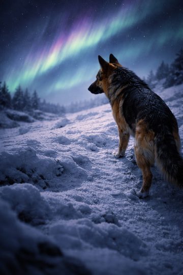 German Shepherd Aurora Snow Night Wallpaper