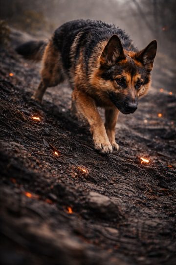 German Shepherd Burnt Forest Embers Cinematic Walk Wallpaper