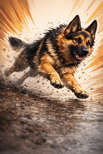 German Shepherd Cartoon Action Splash Dynamic Run Wallpaper