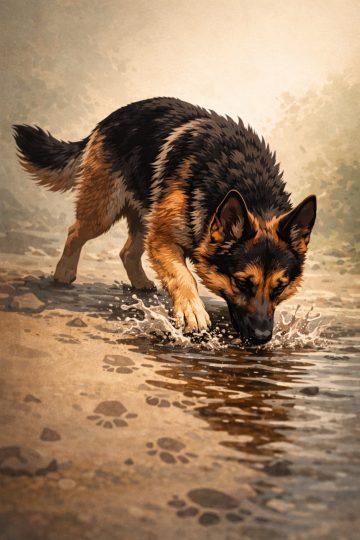 German Shepherd Cartoon Drinking from Puddle Wallpaper