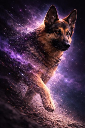 German Shepherd Running Through Cosmic Galaxy Wallpaper