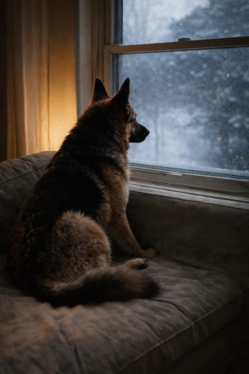 German Shepherd Cozy Window Snowfall Warm Light Wallpaper