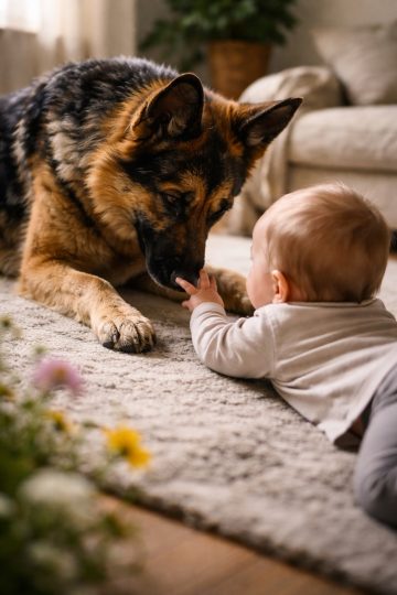 German Shepherd Gentle Interaction with Baby Indoor Wallpaper
