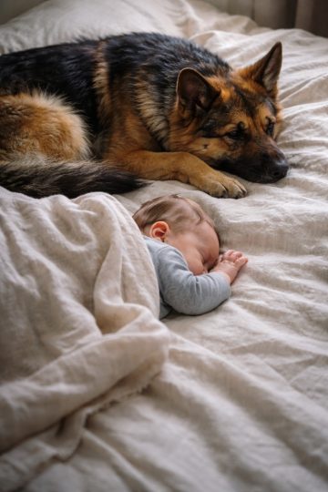 German Shepherd Guarding Sleeping Baby Cozy Bed Wallpaper