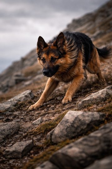 German Shepherd Climbing Rocky Mountain Slope Wallpaper