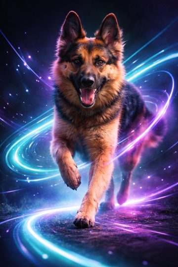 German Shepherd Running Through Neon Light Trails Wallpaper