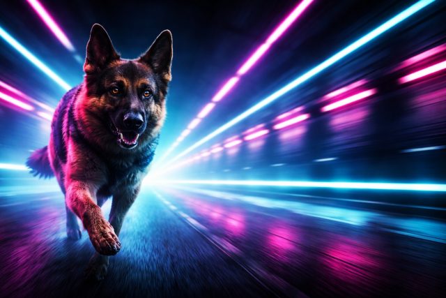 German Shepherd in Neon Speed Tunnel Motion Blur Wallpaper