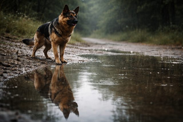 German Shepherd Rain Reflection Puddle Cinematic Wallpaper