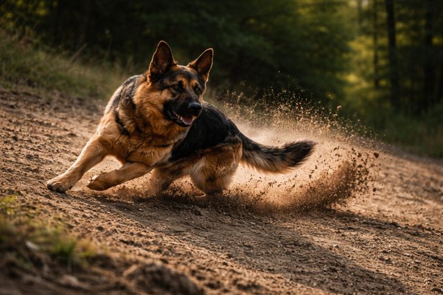 German Shepherd Sharp Turn Dust Explosion Action Wallpaper