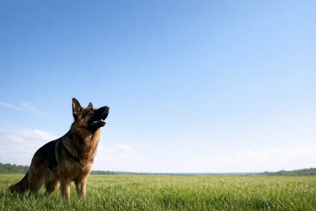 German Shepherd Standing in Open Field Blue Sky Wallpaper
