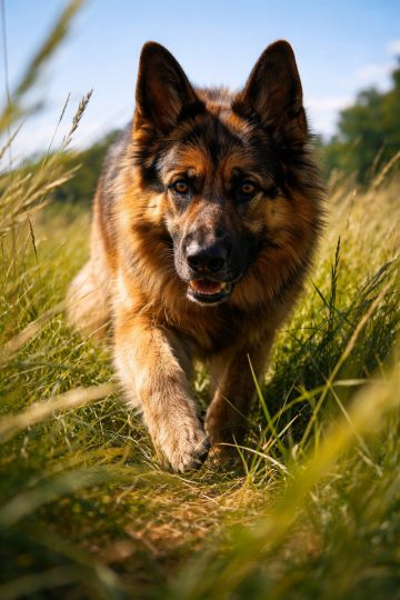 German Shepherd Walking Through Grass Close Perspective Wallpaper