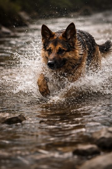 German Shepherd Splashing Through Shallow Stream Wallpaper
