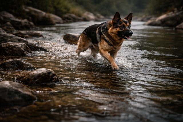 German Shepherd Crossing Rocky River Wallpaper