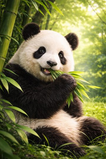 Giant Panda Eating Bamboo in a Green Bamboo Forest Wallpaper