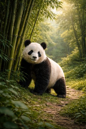 Giant Panda Standing in a Lush Bamboo Forest Wallpaper