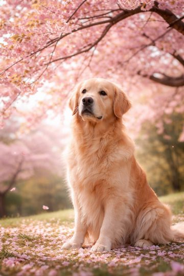 Golden Retriever Under Pink Cherry Blossoms Wallpaper