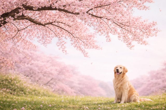 Golden Retriever in Cherry Blossom Valley Landscape Wallpaper
