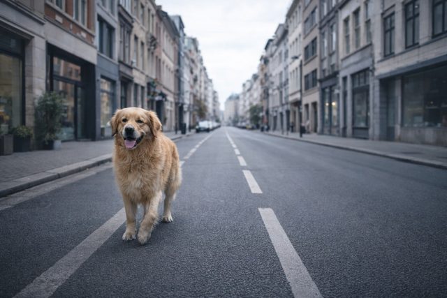 Golden Retriever Walking on Empty City Road Wallpaper