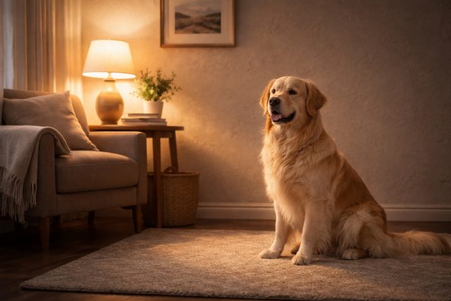 Golden Retriever Sitting in Cozy Living Room Wallpaper