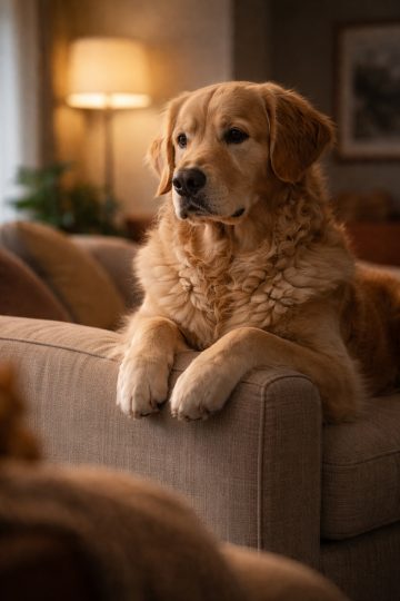 Golden Retriever Resting on Sofa in Warm Light Wallpaper