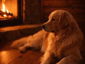golden retriever lying on a wooden floor beside a glowing fireplace inside a rustic cabin with warm orange lighting