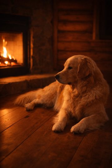 Golden Retriever Fireplace Warm Cozy Cabin Wallpaper