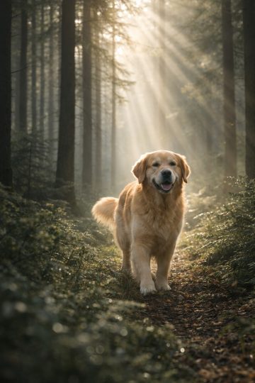 Golden Retriever Walking in Forest Light Rays Wallpaper