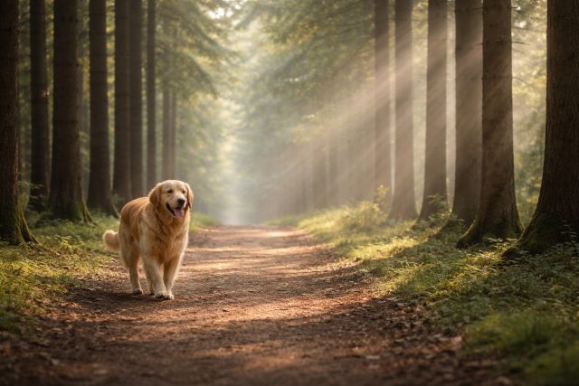 Golden Retriever on Forest Path with Sunbeams Wallpaper