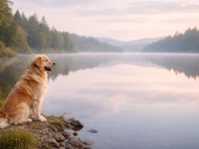 golden retriever sitting by a calm lake at sunrise with soft reflections of trees and pastel sky across the water