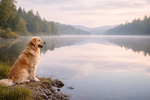 Golden Retriever Lakeside Sunrise Reflection Landscape Wallpaper