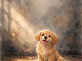 Golden Retriever puppy sitting on a wooden floor with a darker textured watercolor wall behind and angled light casting soft shadow
