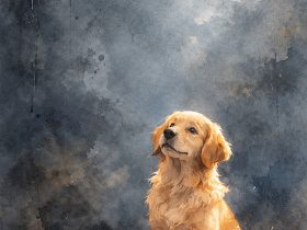 Golden Retriever sitting on a textured floor against a dark gray watercolor wall with soft overhead light creating gentle shadow and damp reflections
