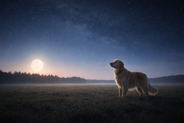 Golden Retriever Moonlit Field Starry Sky Wallpaper