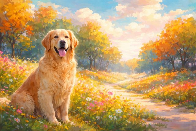 Golden Retriever in Colorful Painting Landscape Wallpaper