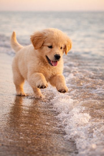 Golden Retriever Puppy Playing by the Shore at Sunset Wallpaper