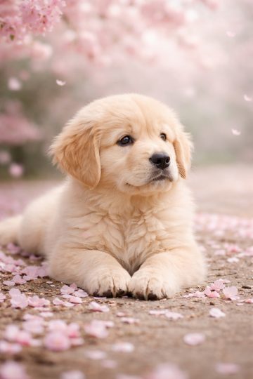 Golden Retriever Puppy in Cherry Blossom Petals Wallpaper