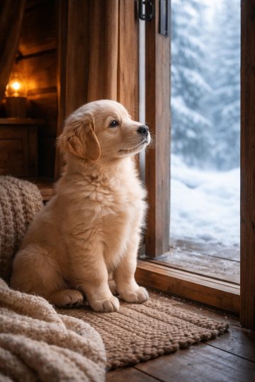 Golden Retriever Puppy Snow Window Cozy Cabin Wallpaper