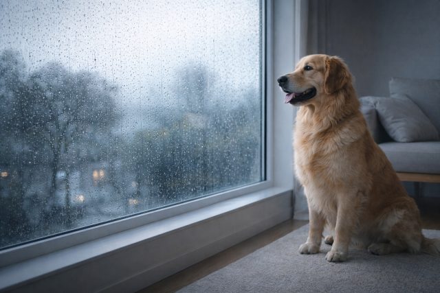 Golden Retriever Rain Window Minimal Room Wallpaper