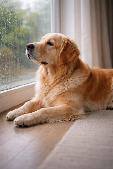 Golden Retriever Rainy Window Cozy Home Wallpaper