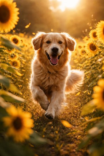 Golden Retriever Running Sunflower Field Sunset Wallpaper