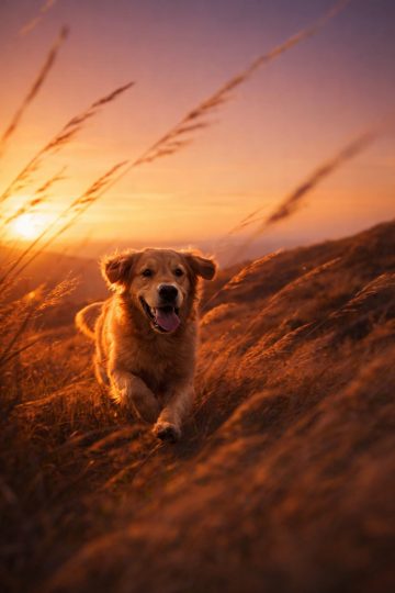 Golden Retriever Running at Sunset Field Wallpaper