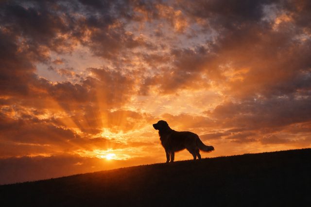 Golden Retriever Silhouette at Sunset Wallpaper