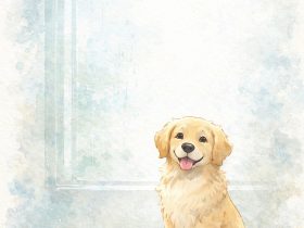 Golden Retriever sitting indoors near a rain-speckled window with pale blue and beige watercolor textures and soft natural light