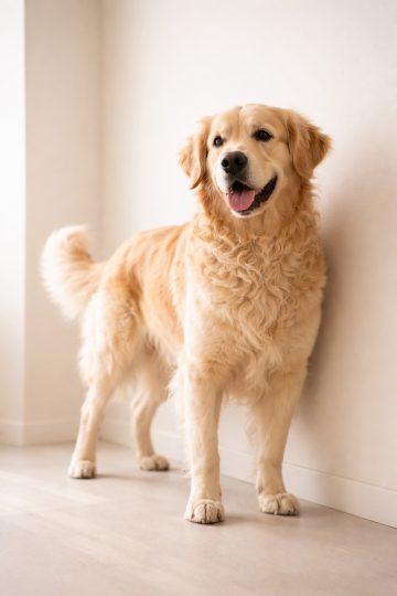 Golden Retriever Standing by Cream Wall Minimal Wallpaper